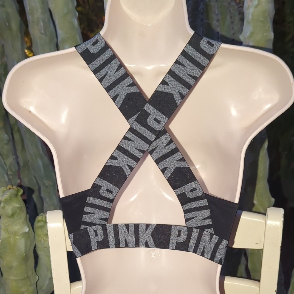 🚨3/$20! VS PINK Black Mesh Logo Crop Sports Bra Criss Cross Back Small